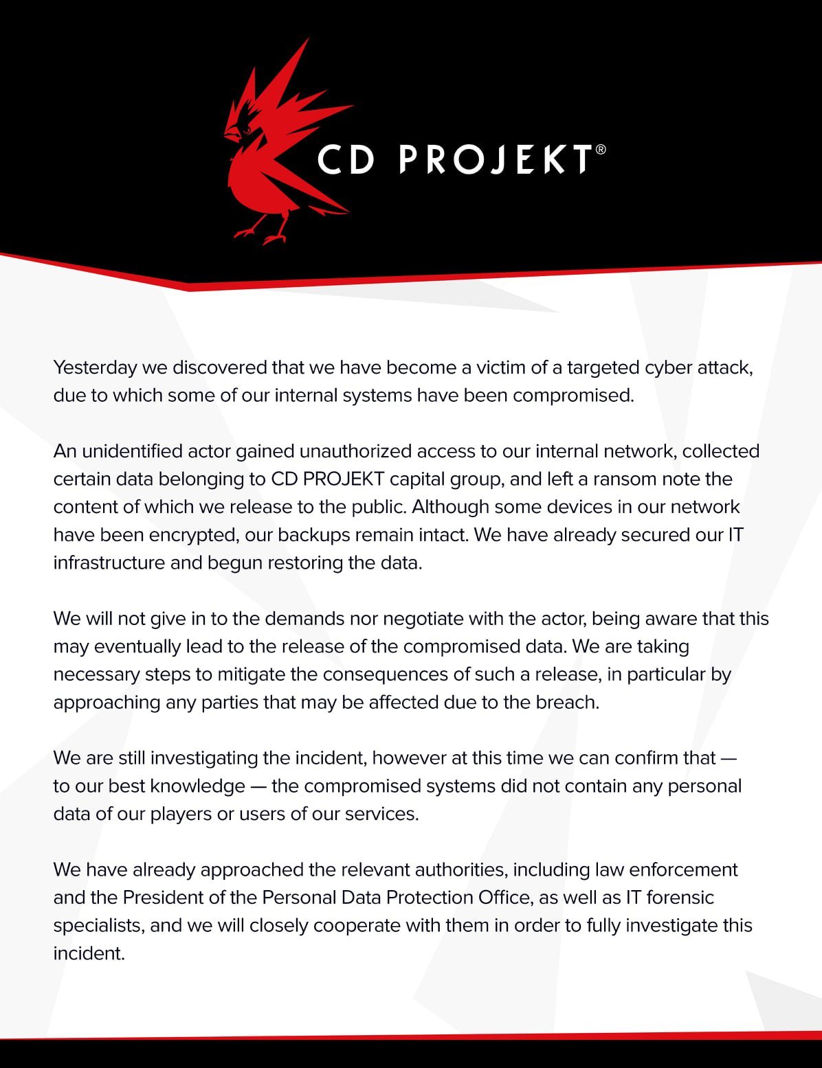 CDPR 2021 Cyber Attack Statement